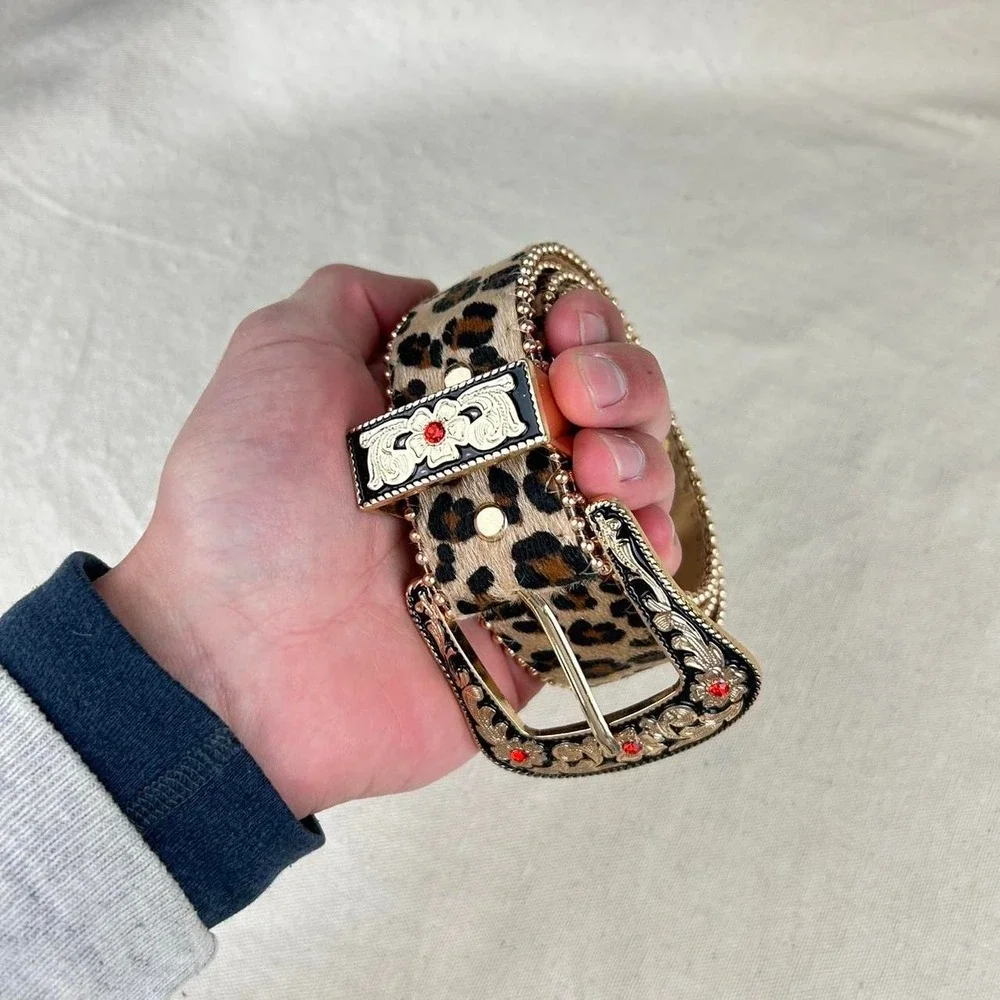 Vintage style cheetah leopard print fur belt western tan and brown bedazzled